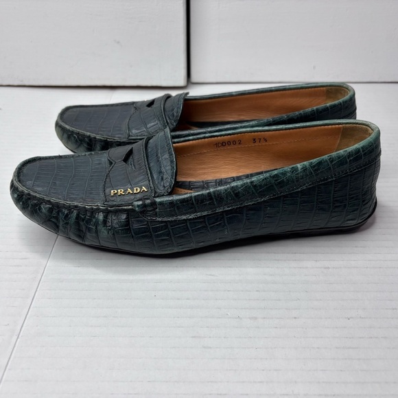 PRADA Penny Driving Green Embossed Crocodile Loafers Size 7.5 - Picture 4 of 10
